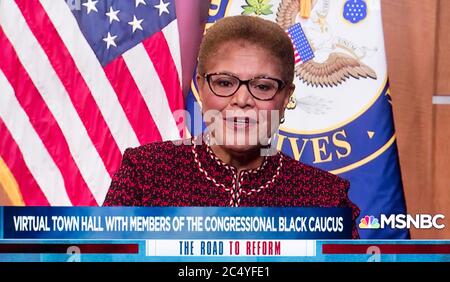 Washington, District of Columbia, USA. 28th June, 2020. A video capture of Congresswoman KAREN BASS (D-CA) on the MSNBC special report entitled 'The Road to Reform.' Bass was one of three members of the Congressional Black Caucus who took questions from the public and discussed reforming police departments across the country in the aftermath of the George Floyd case. Credit: Brian Cahn/ZUMA Wire/Alamy Live News Stock Photo