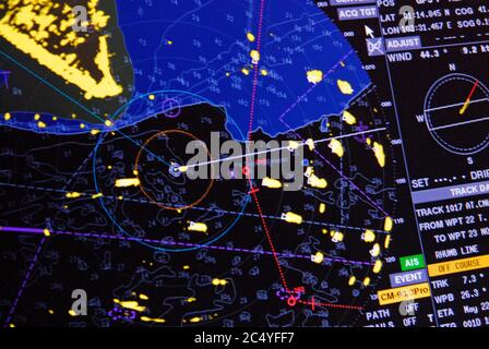 tanjung pelepas anchorage, mailaysia - may 20, 2006: screen of electronic chart display information system (edis) on the bridge of the anchored in sin Stock Photo