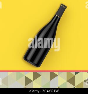 Blank Red Wine Bottle with Free Space for Yours Design on a yellow background. 3d Rendering Stock Photo