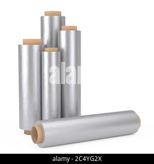 Food Aluminum Metal Packaging Foil Rolls on a white background. 3d Rendering Stock Photo