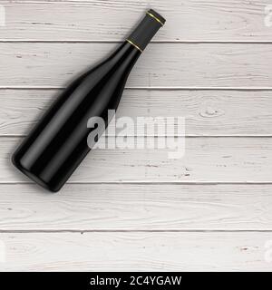 Blank Red Wine Bottle with Free Space for Yours Design over wooden table background. 3d Rendering Stock Photo