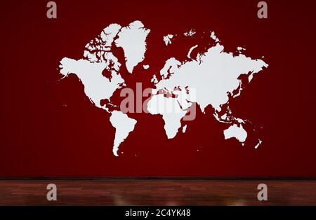 World map on red wall. popular World map template. wall and wooden oak floor. Stock Photo