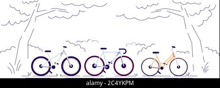 Bicycle ride in forest semi flat RGB color vector illustration Stock Vector
