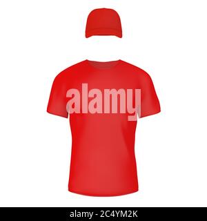 Closeup Red Blank T-Shirt and Cap with Empty Space for Yours Design on a white background. 3d Rendering Stock Photo