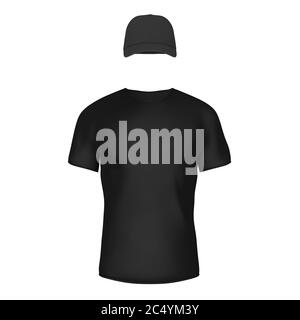 Closeup Black Blank T-Shirt and Cap with Empty Space for Yours Design on a white background. 3d Rendering Stock Photo