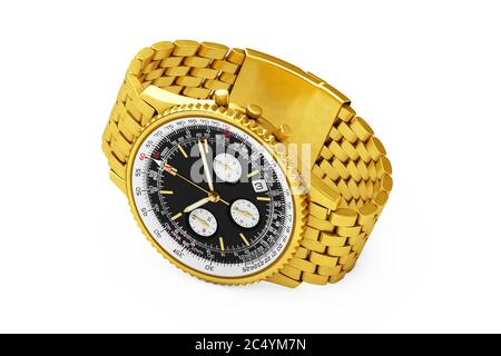 Luxury Classic Analog Men's Wrist Golden Watch on a white background. 3d Rendering Stock Photo
