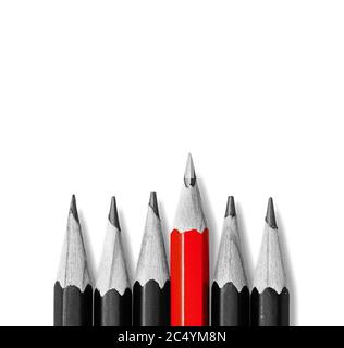 be like everyone else. stand out from the crowd. pencils on white, One red pencil standing out from the row of black pencils. Stock Photo