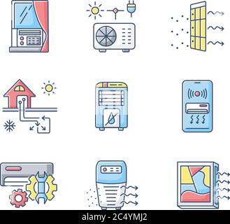 Air conditioning technologies RGB color icons set Stock Vector
