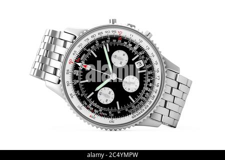 Luxury Classic Analog Men's Wrist Silver Watch on a white background. 3d Rendering Stock Photo
