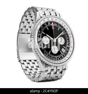 Luxury Classic Analog Men's Wrist Silver Watch on a white background. 3d Rendering Stock Photo