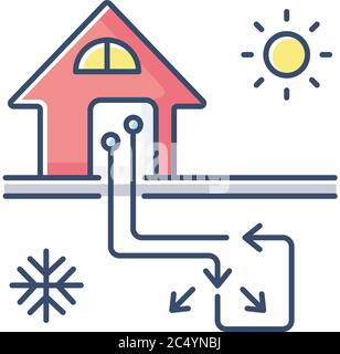 Geothermal heating and cooling system RGB color icon Stock Vector