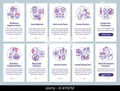 Virus protection guidelines onboarding mobile app page screen with concepts set Stock Vector