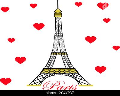Eiffel Tower decorated with hearts. Paris, France. Vector. Stock Vector