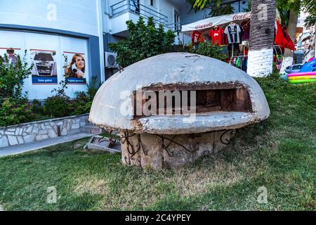 Saranda, Albania - September 2019: Close-up of one of the countless military concrete bunkers or pillboxes in the southern Albania built during the co Stock Photo