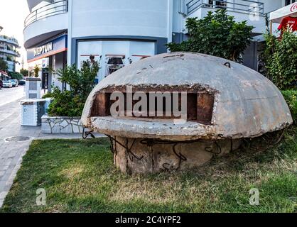 Saranda, Albania - September 2019: Close-up of one of the countless military concrete bunkers or pillboxes in the southern Albania built during the co Stock Photo