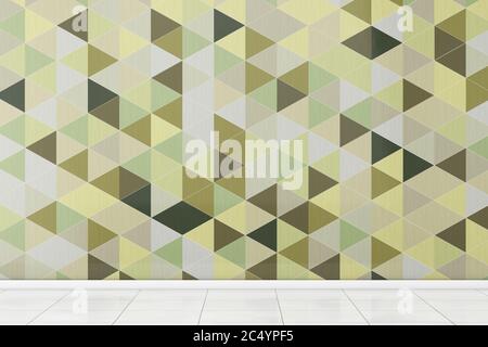 Bathroom with White Floor and Olive Green Polygon Geometric Tiles Wall extreme closeup. 3d Rendering. Stock Photo