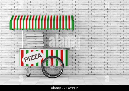 Pizza Trolley Cart in front of brick wall. 3d Rendering Stock Photo