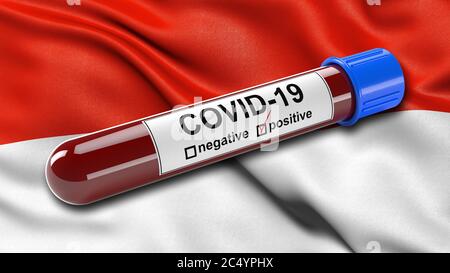 Flag of Tarija waving in the wind with a positive Covid-19 blood test tube. Stock Photo