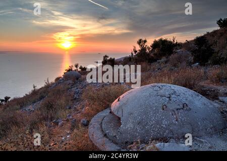 Close-up of one of the countless military concrete bunkers or dots in the southern Albania  built during the communist government of Enver Hoxha Stock Photo