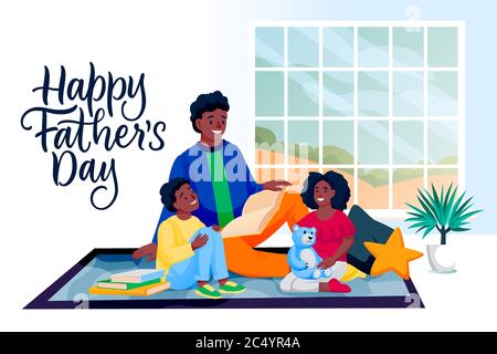 Happy Fathers Day greeting card with hand drawn calligraphy lettering. Vector african american family characters illustration. Dad, son, daughter read Stock Vector