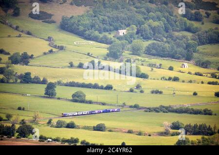 Northern class 150 sprinter units at Edale Hope Valley from  Mam Tor hill near Castleton in the High Peak of Derbyshire, England Stock Photo