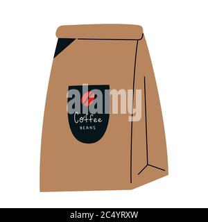 Coffee paper craft bag, sachet for coffee beans or grinded blend, coffee shop packaging, isolated vector illustration, colored icon on white Stock Vector
