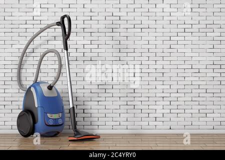 Home Appliance Concept. Modern Vacuum Cleaner in front of brick wall. 3d Rendering. Stock Photo