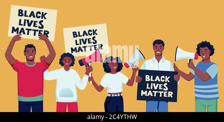 African american protesting people with posters, loudspeakers. Black lives matter, protest and fight for rights concept. Vector flat cartoon character Stock Vector