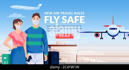 Vector illustration of traveling caucasian couple characters. Air travel new rules, healthy and safe flight concept. Young man and woman in medical pr Stock Vector