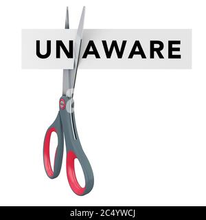 Cutting Unaware to Aware Paper Sign with Scissors on a white background. 3d Rendering. Stock Photo