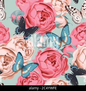 Seamless peony roses and butterfly Stock Vector