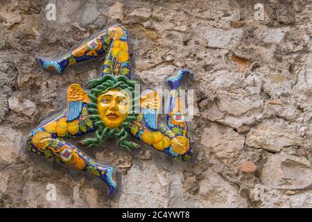 A Trinacria, ancient symbol of Sicily, Taormina, Sicily, Italy Stock ...