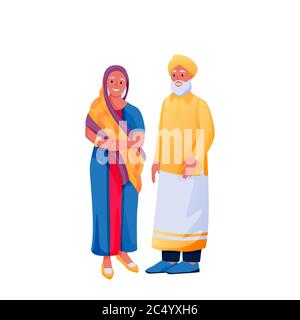 Indian senior happy couple in traditional clothing, isolated on white background. Indian woman in colorful beautiful sari and man in shirt and turban. Stock Vector