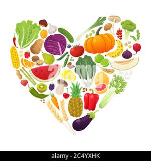 Isolated heart silhouette made of fruits and vegetables. Healthy food set concept. Vector illustration. Stock Vector