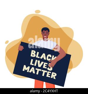 African american protesting man with poster, isolated on white background. Black lives matter, protest, fight for rights concept. Vector flat cartoon Stock Vector