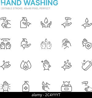 Collection of hand washing related line icons Stock Vector