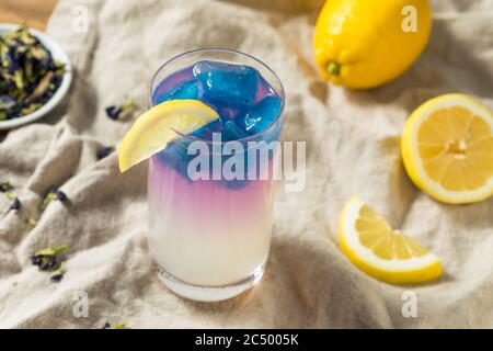 Homemade Butterfly Pea Tea Lemonade with Blue Ice Stock Photo