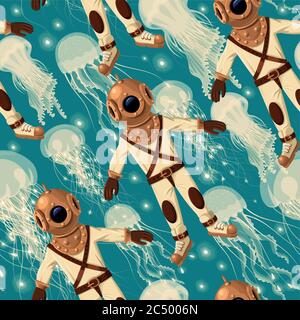 Diver and jellyfish seamless Stock Vector