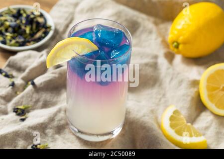 Homemade Butterfly Pea Tea Lemonade with Blue Ice Stock Photo