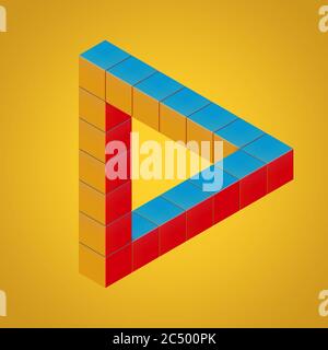 Multicolor Impossible Looped Triangle Illusion Made with Cubes on a orange background. 3d Rendering. Stock Photo