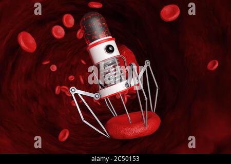 Blood Nano Robot with Camera, Claws and Needle over Blood Cell inside closeup vessel. 3d Rendering. Stock Photo