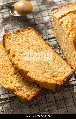 Homemade Peanut Butter Bread Loaf in a Pan Stock Photo