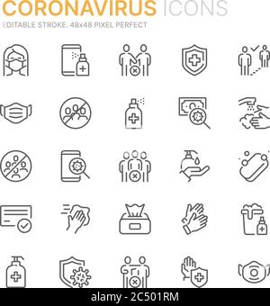 Collection of coronavirus protection related outline icons Stock Vector