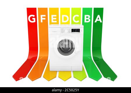 Washing Machine over Energy Efficiency Rating Chart on a white background. 3d Rendering. Stock Photo