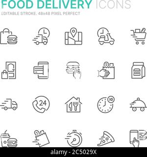 Collection of food delivery related line icons. Stock Vector