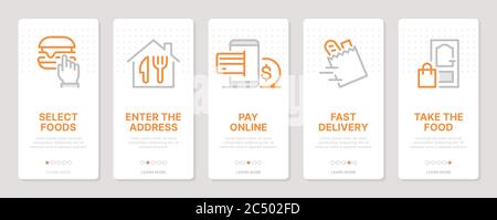 Food delivery related vertical cards. Mobile app onboarding screens. Templates for a website. Icons with editable stroke Stock Vector