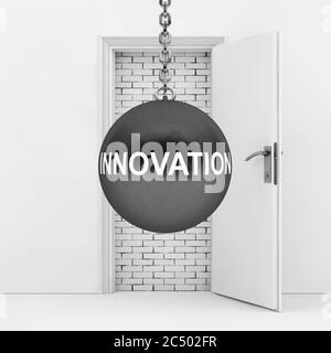 Wrecking Ball with Innovation Sign Ready to Destroy Brick Wall wich Blocked White Opened Door extreme closeup. 3d Rendering. Stock Photo