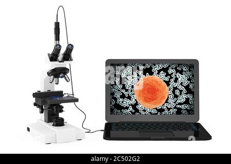 Science Technology Concept. Modern Laboratory Microscope connected to Laptop with Bacterias and Viruses on the Screen on a white background. 3d Render Stock Photo