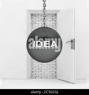 Wrecking Ball with Idea Sign Ready to Destroy Brick Wall wich Blocked White Opened Door extreme closeup. 3d Rendering. Stock Photo