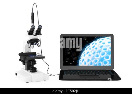 Science Technology Concept. Modern Laboratory Microscope connected to Laptop with Bacterias and Viruses on the Screen on a white background. 3d Render Stock Photo